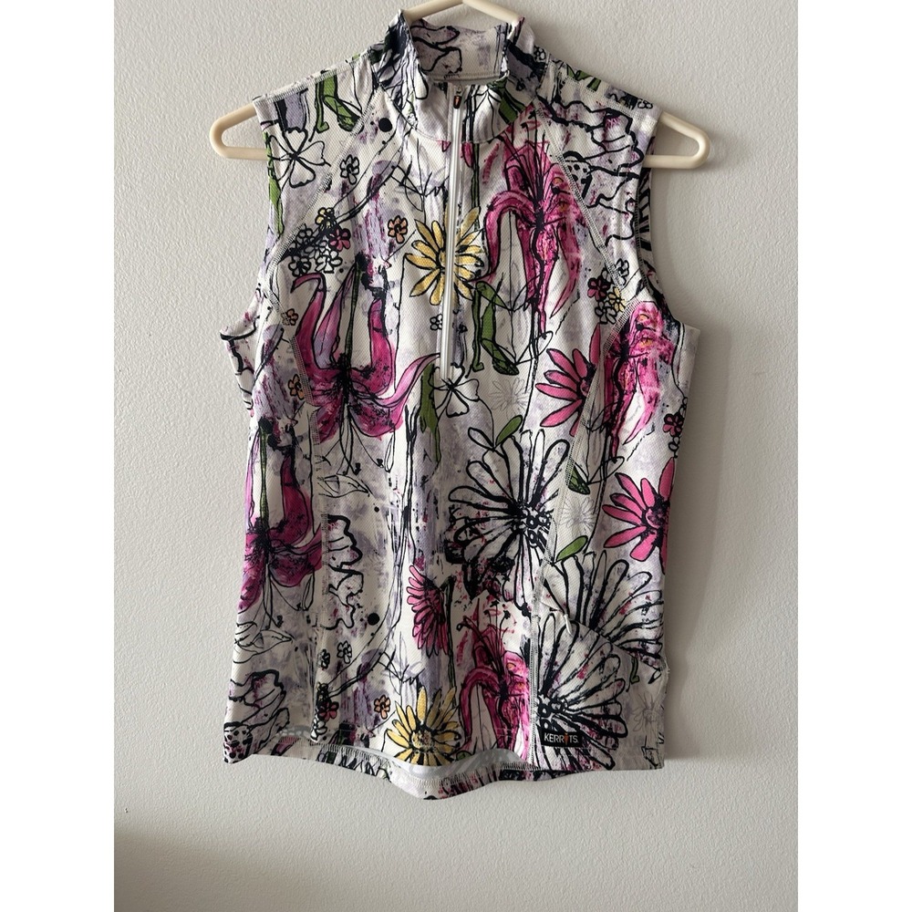 KERRITS TANK TOP 1/4 ZIP FLORAL SLEEVELESS EQUESTRIAN MEDIUM RIDING ZIP POCKET